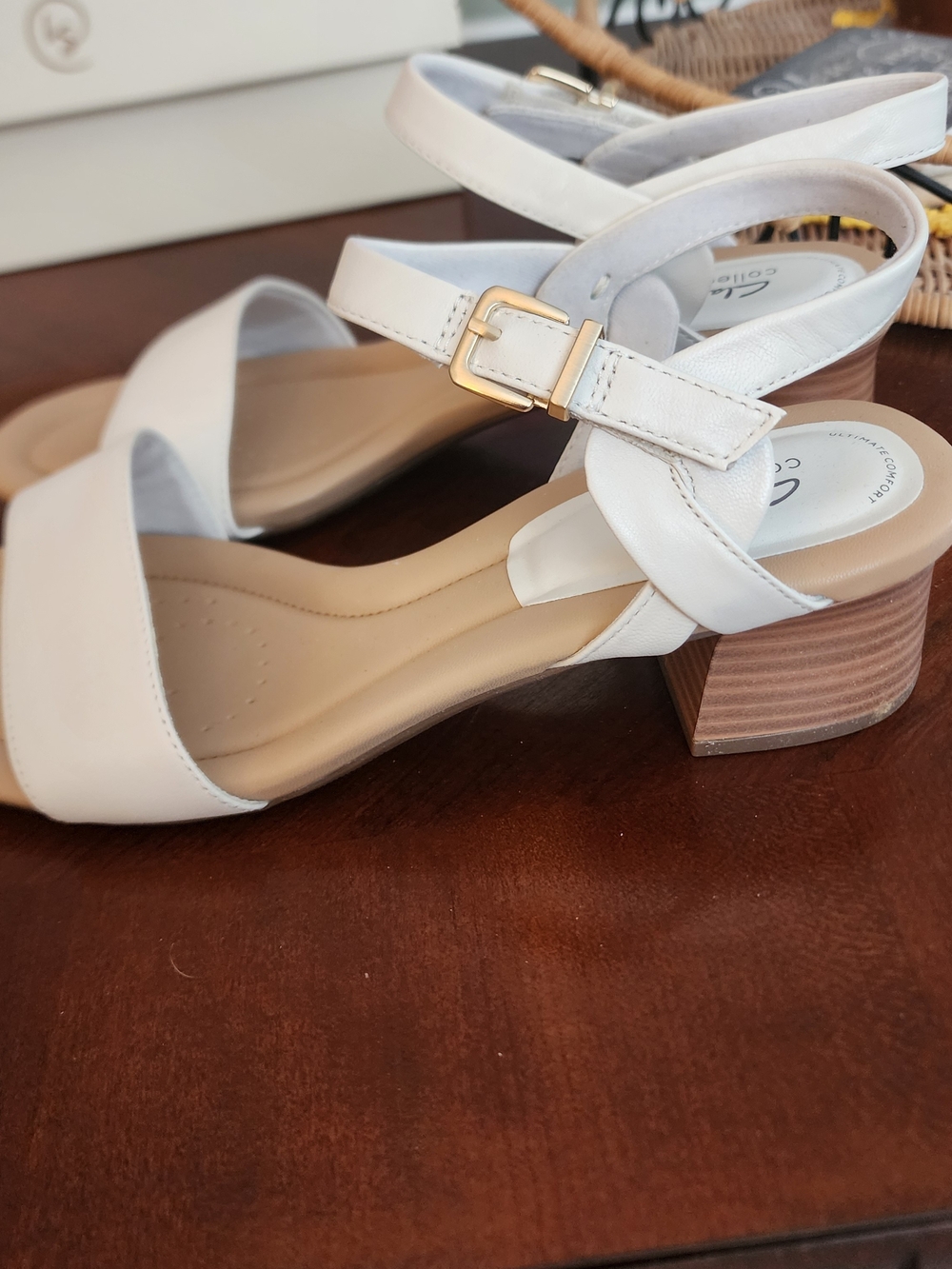 Clarks Off White Sandals with Gold Buckle and Wood-Look Block Heel